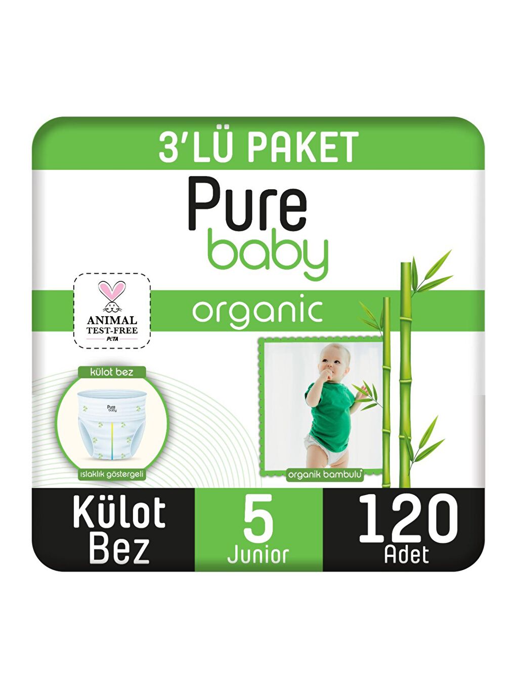 Pure Baby Renksiz Organik Bambu Özlü Külot Bez 3'lü Paket 5 Numara Junior 120 Adet