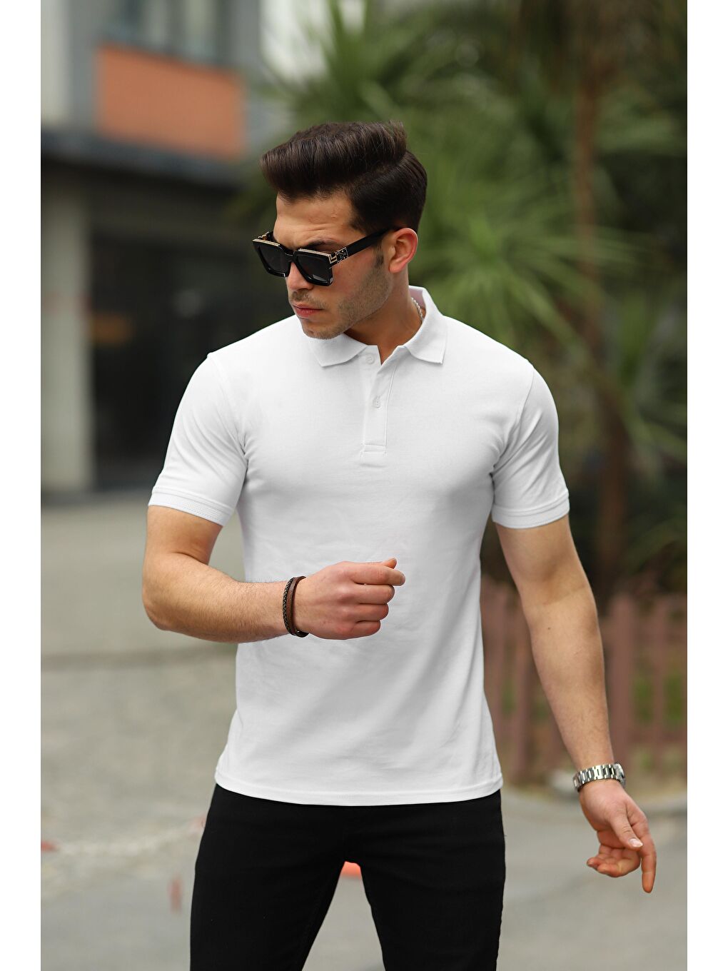 comstar Beyaz Erkek Kıvrılmaz Polo Yaka Cepsiz Slim Fit Dar Kesim Düz T-Shirt