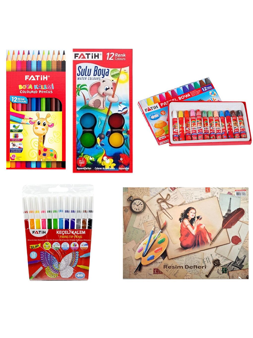 Kuru-Sulu-Pastel Boya-Keçeli Kalem Ve 35x50 Resim Defteri Seti