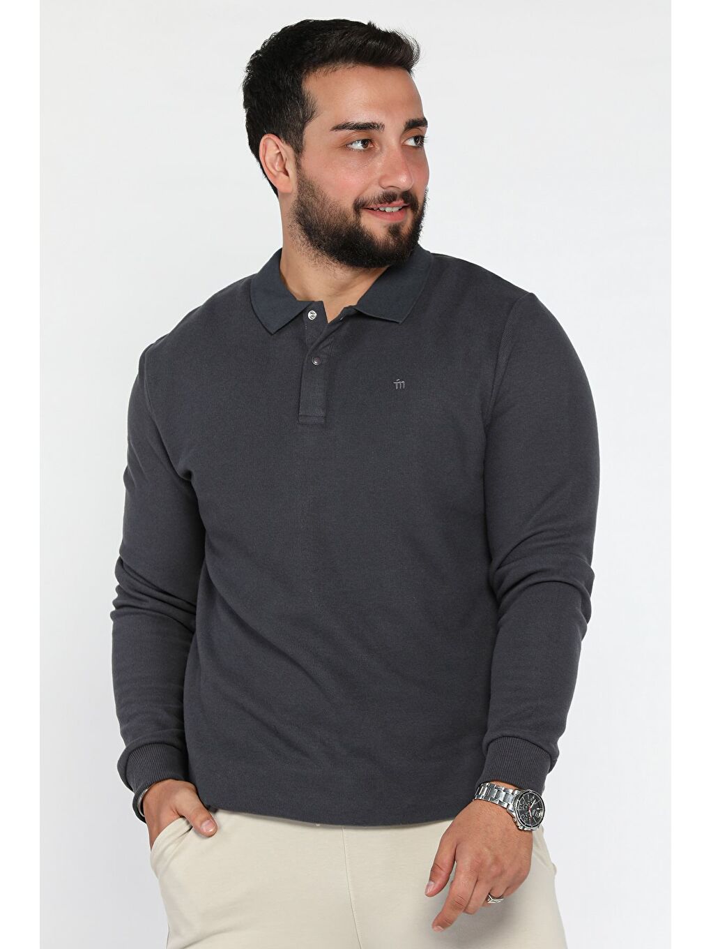 Gri Erkek Polo Yaka Çıtçıt Detaylı Selanik Sweatshirt