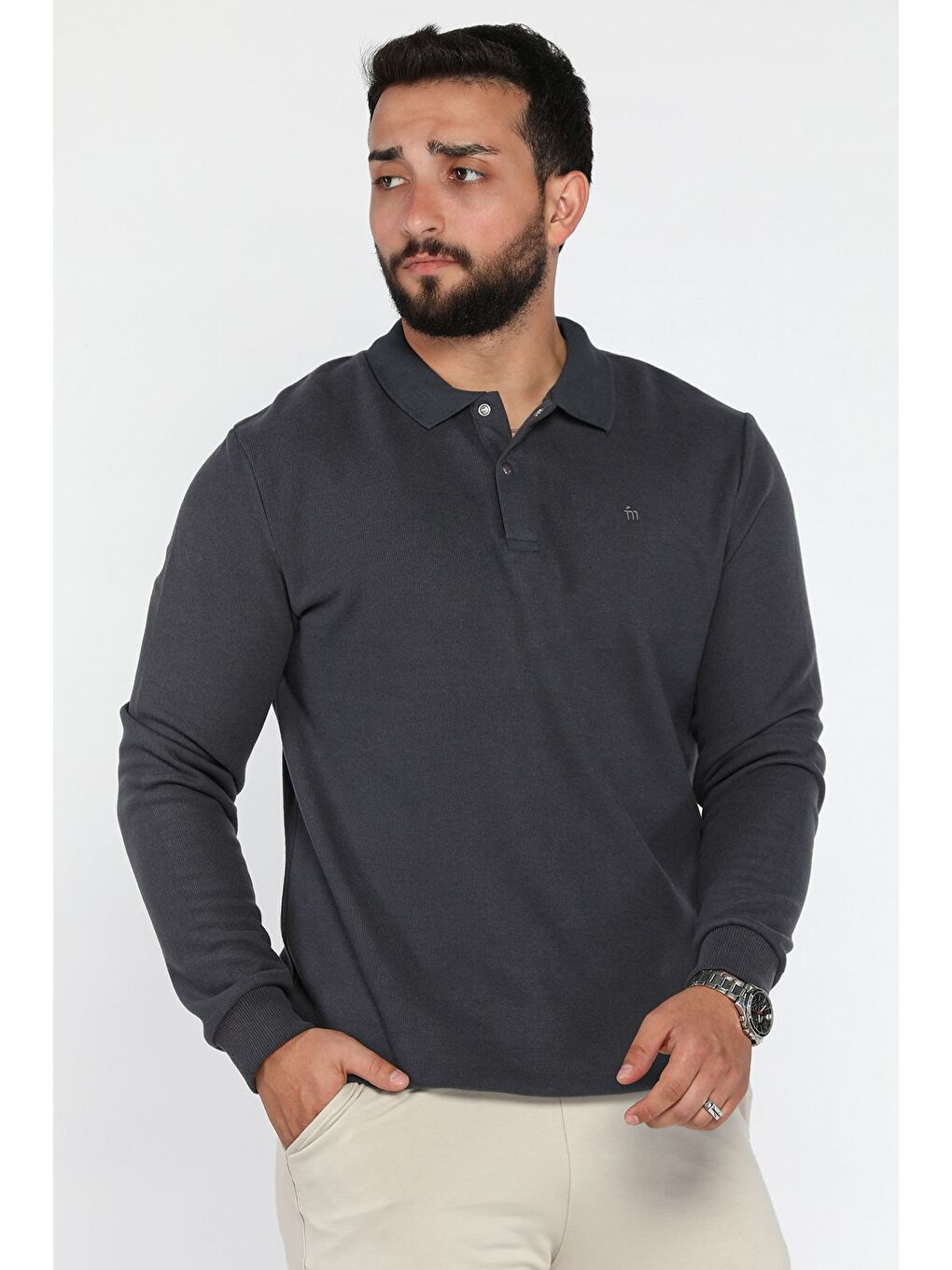 Gri Erkek Polo Yaka Çıtçıt Detaylı Selanik Sweatshirt-1