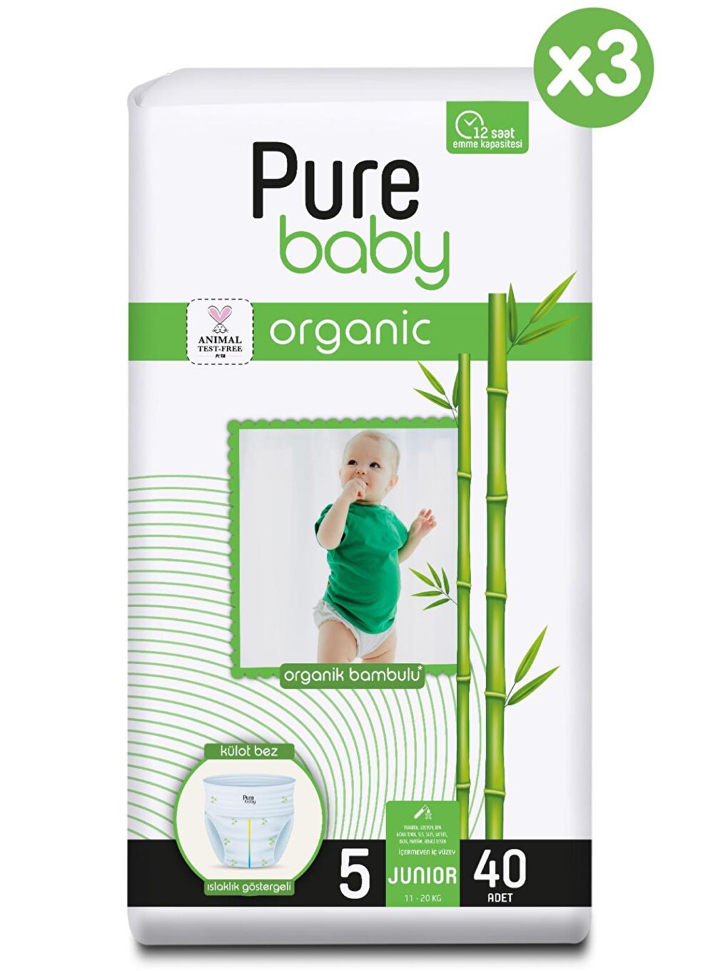 Pure Baby Renksiz Organik Bambu Özlü Külot Bez 3'lü Paket 5 Numara Junior 120 Adet - 1