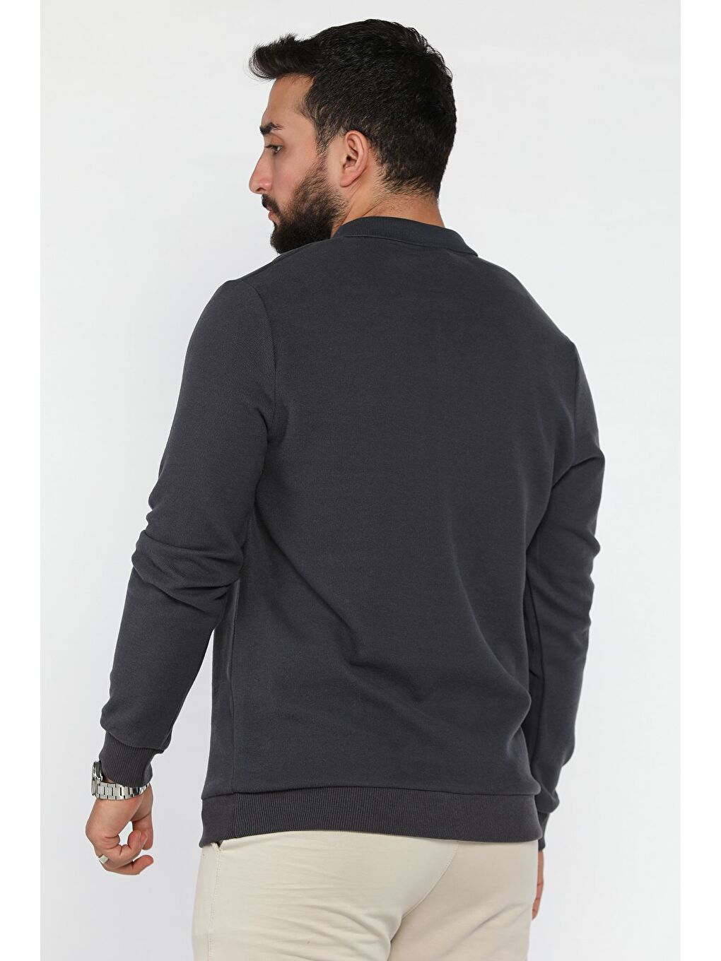 Gri Erkek Polo Yaka Çıtçıt Detaylı Selanik Sweatshirt-2