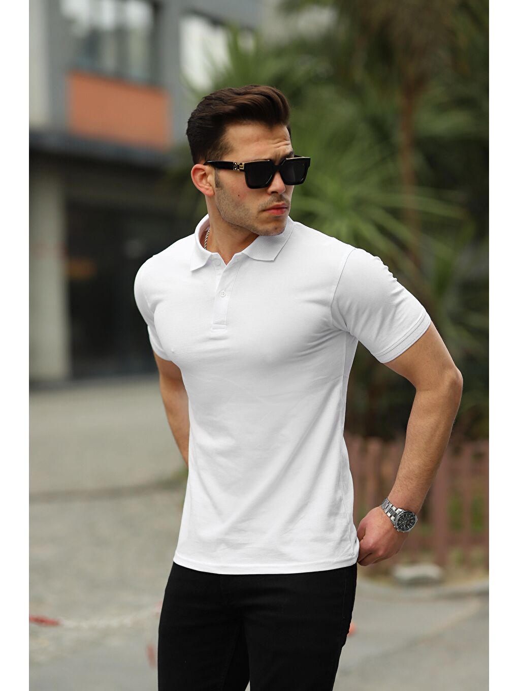 comstar Beyaz Erkek Kıvrılmaz Polo Yaka Cepsiz Slim Fit Dar Kesim Düz T-Shirt - 1