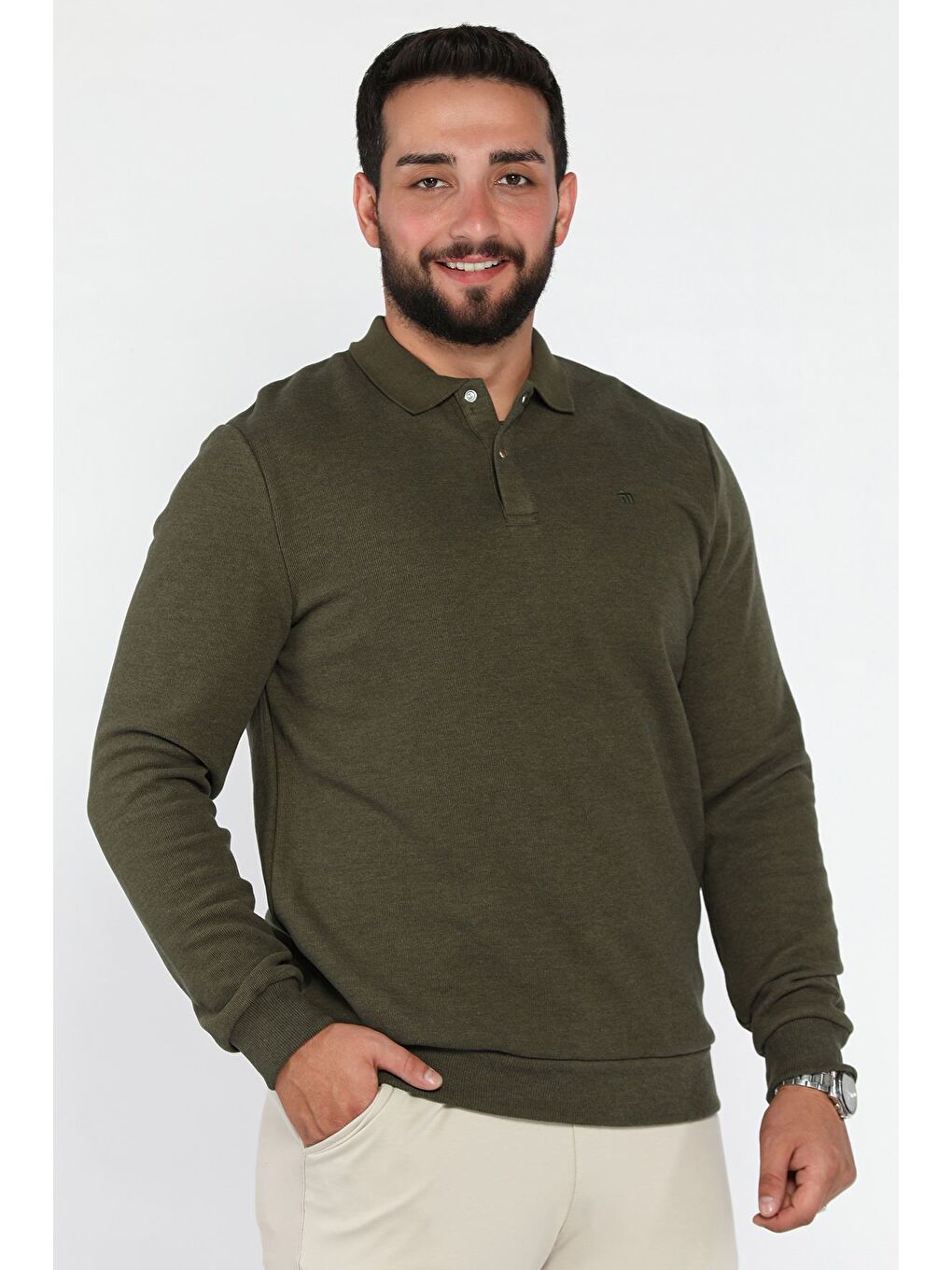 Haki Erkek Polo Yaka Çıtçıt Detaylı Selanik Sweatshirt