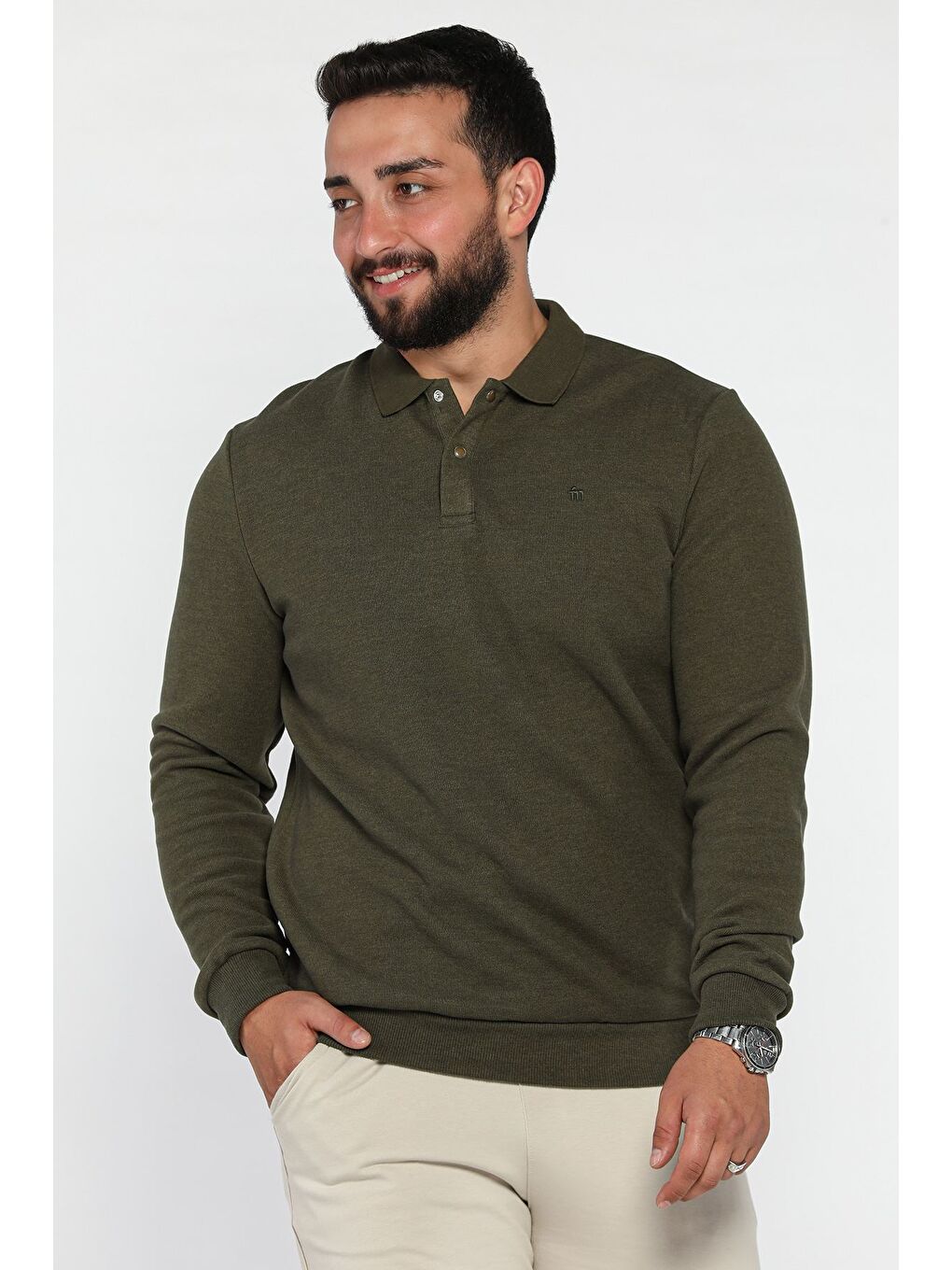 Haki Erkek Polo Yaka Çıtçıt Detaylı Selanik Sweatshirt-1