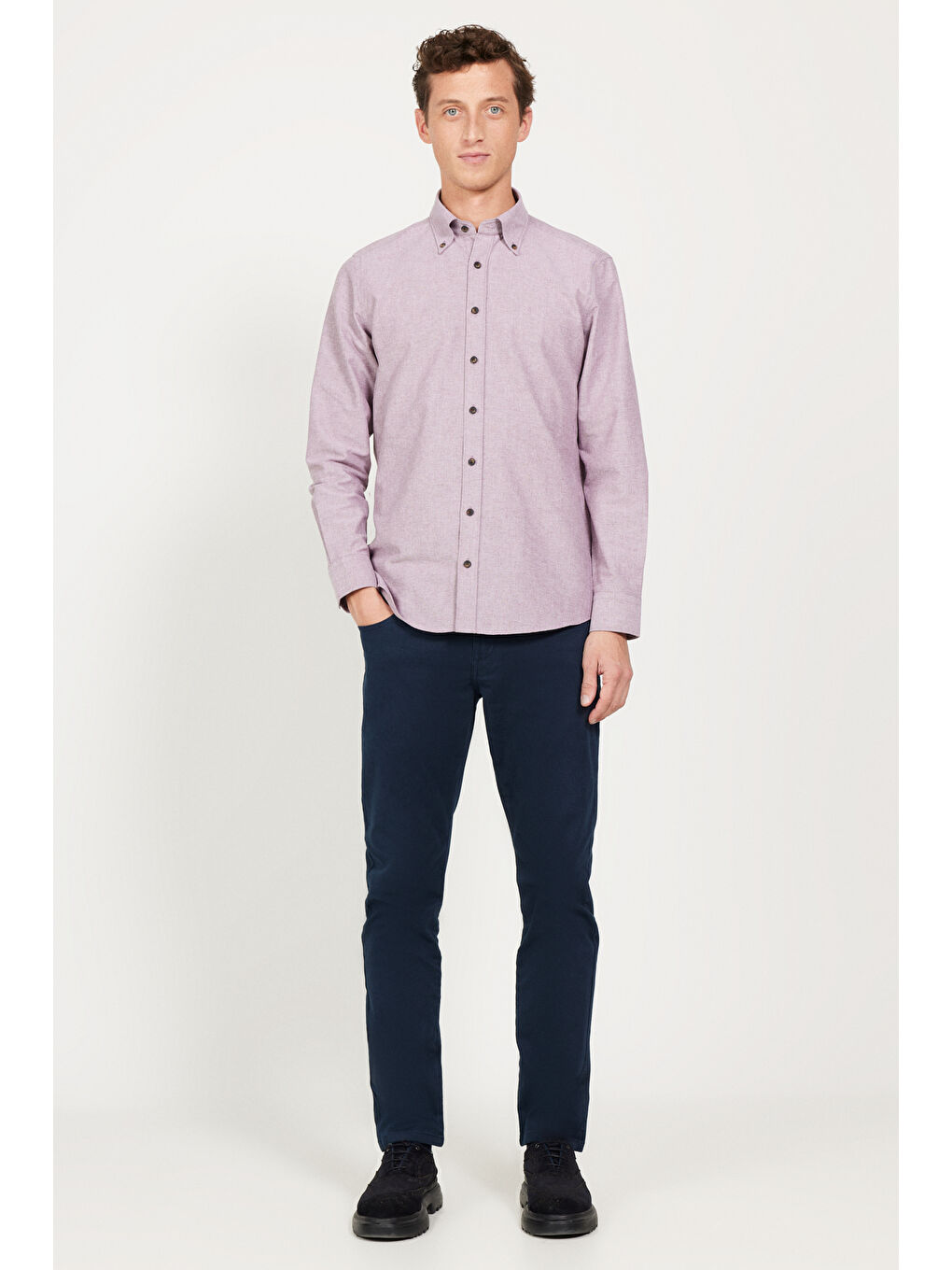 Erkek Bordo Slim Fit Dar Kesim Düğmeli Yaka Pamuklu Oxford Gömlek-1