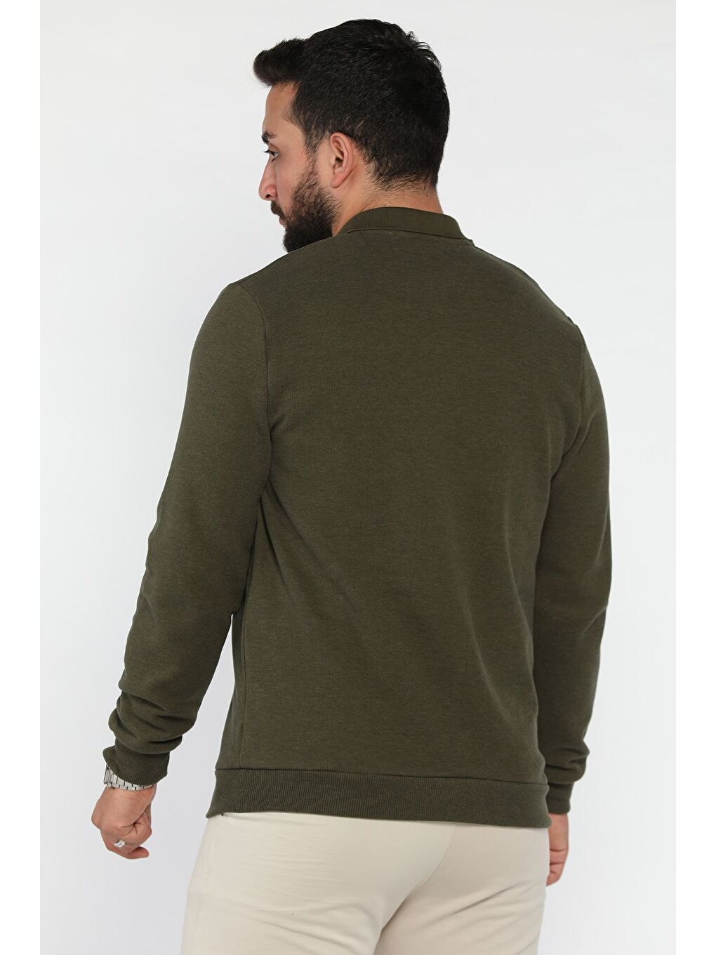 Haki Erkek Polo Yaka Çıtçıt Detaylı Selanik Sweatshirt-2