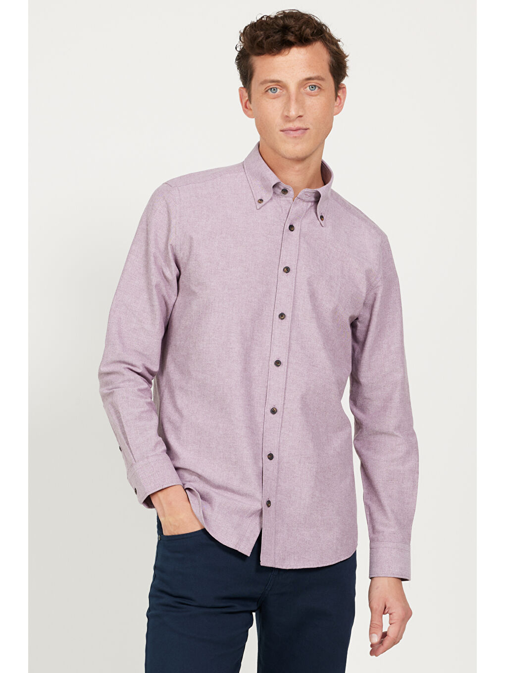 Erkek Bordo Slim Fit Dar Kesim Düğmeli Yaka Pamuklu Oxford Gömlek-2