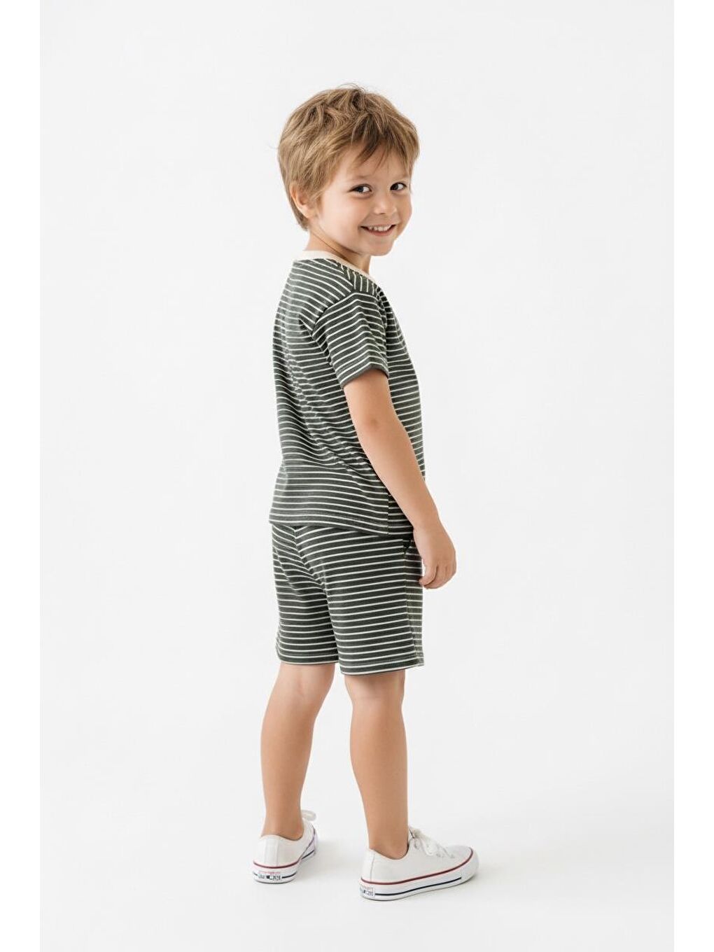 Haki Çizgili Şort Tişört 2li Takım-1