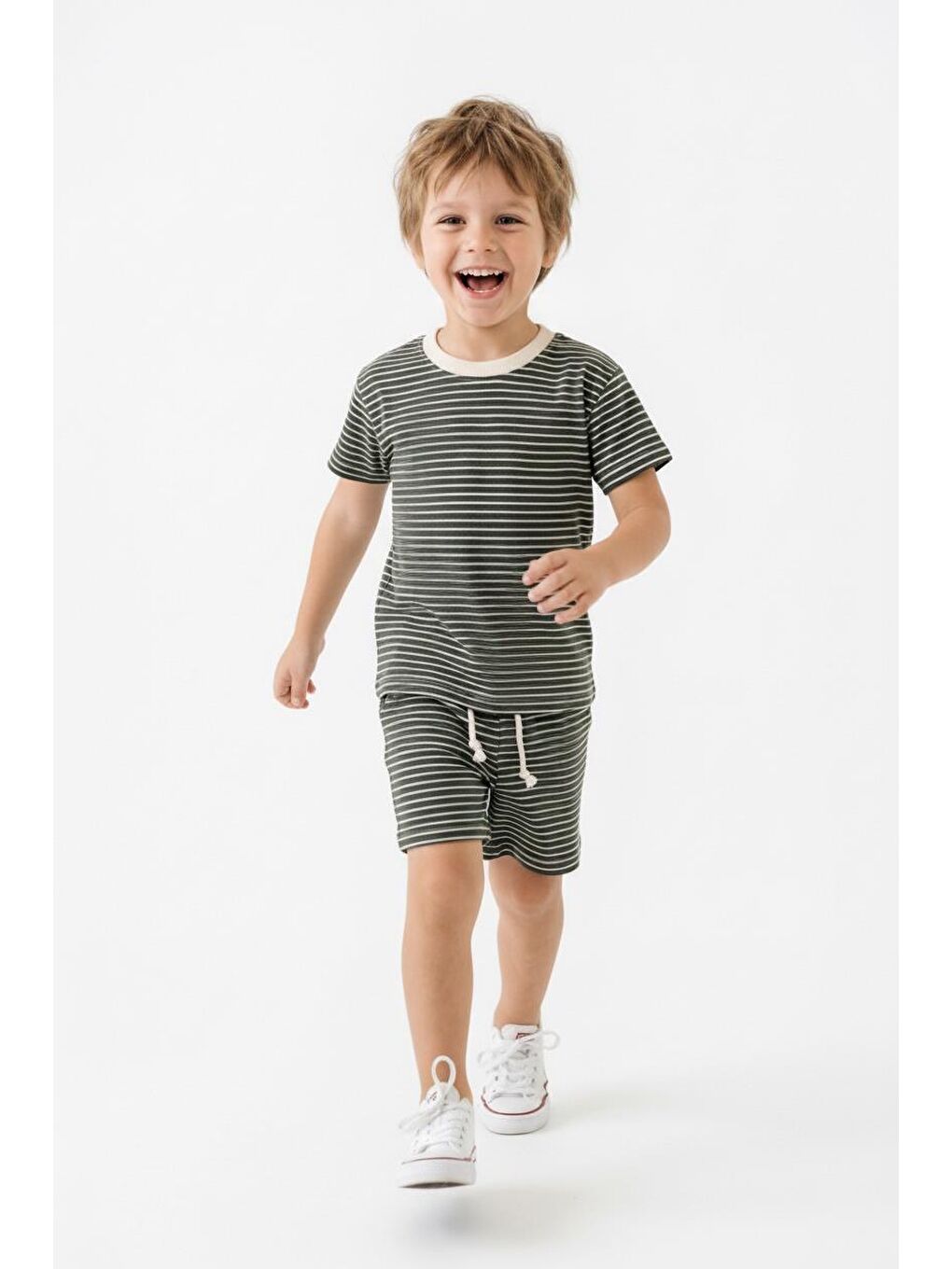 Haki Çizgili Şort Tişört 2li Takım-2