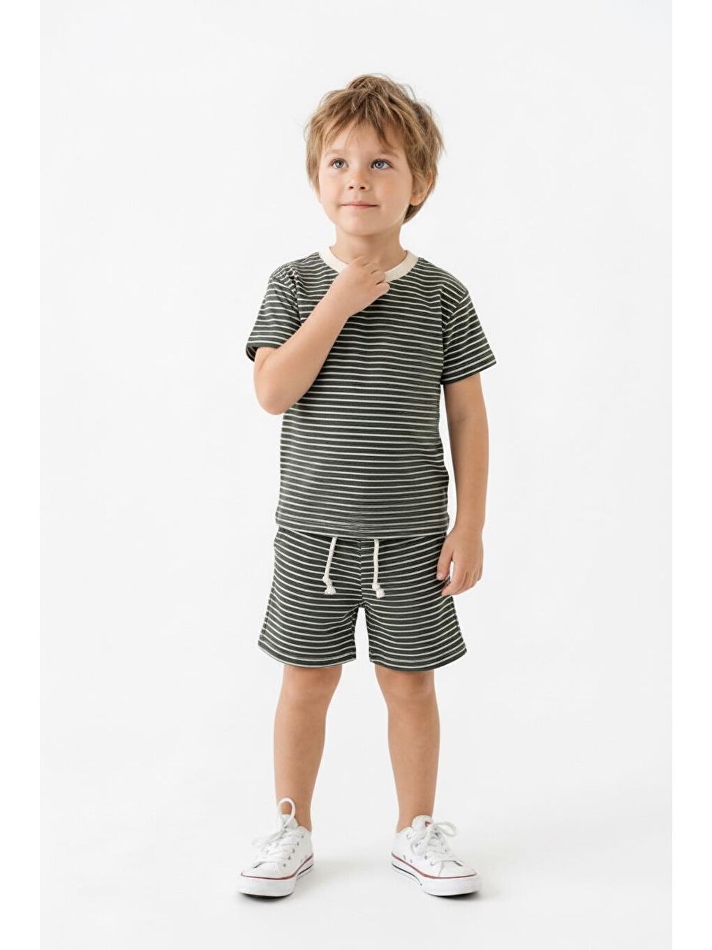 Haki Çizgili Şort Tişört 2li Takım-3