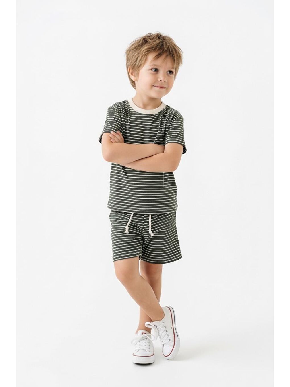Haki Çizgili Şort Tişört 2li Takım-4
