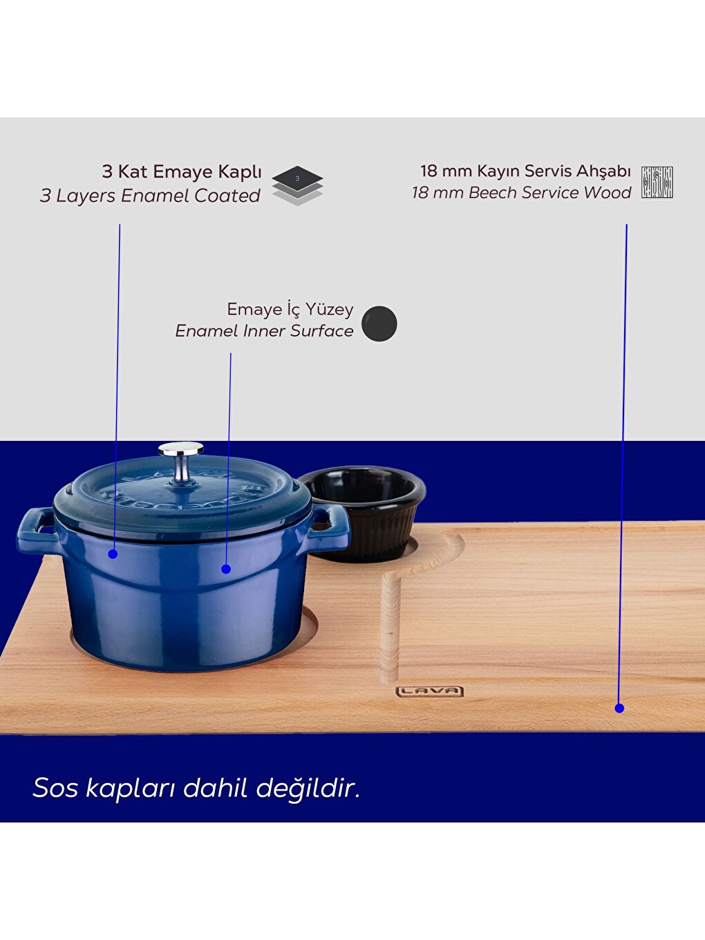 LAVA Mavi Yuvarlak Mini Tencere Döküm Demir Yekpare Kulplu Trendy Serisi ve Kayın Servis Ahşabı. Çap(Ø)10cm. - 4