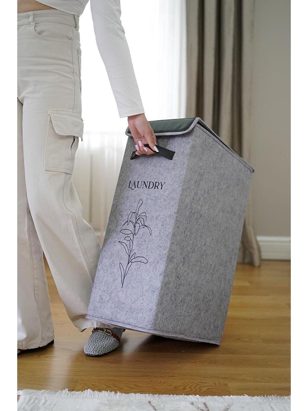 Kapaklı Keçe Kirli Çamaşır Sepeti Katlanır Saklama Selesi 2'li Set Gri 25x40x60cm-25lt-5