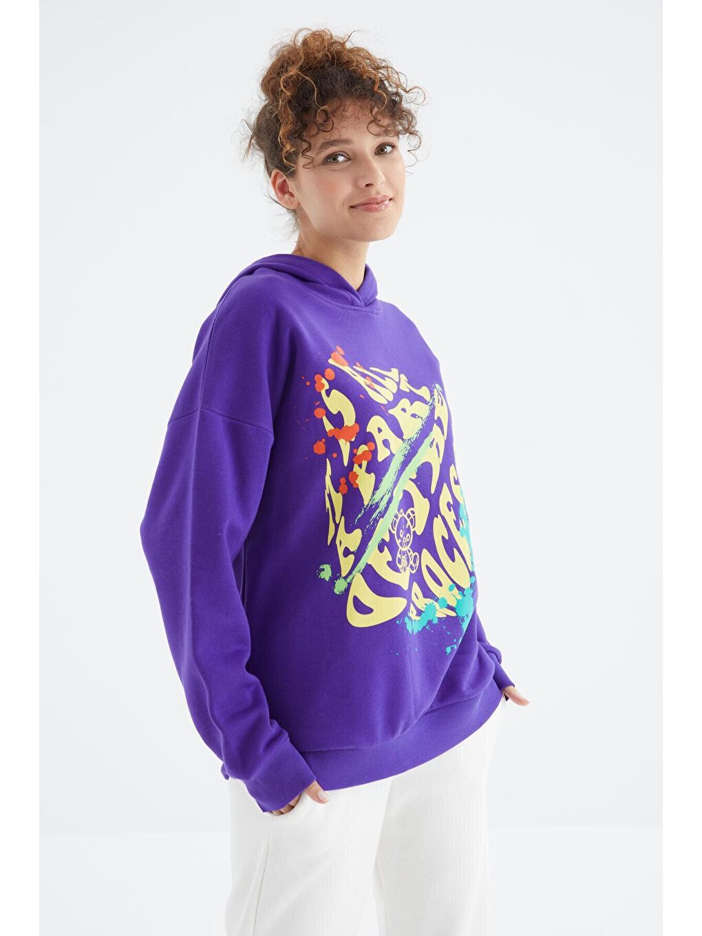 Koyu Mor Ön Baskılı Kapüşonlu Kadın Oversize Kadın Sweatshirt - 97248