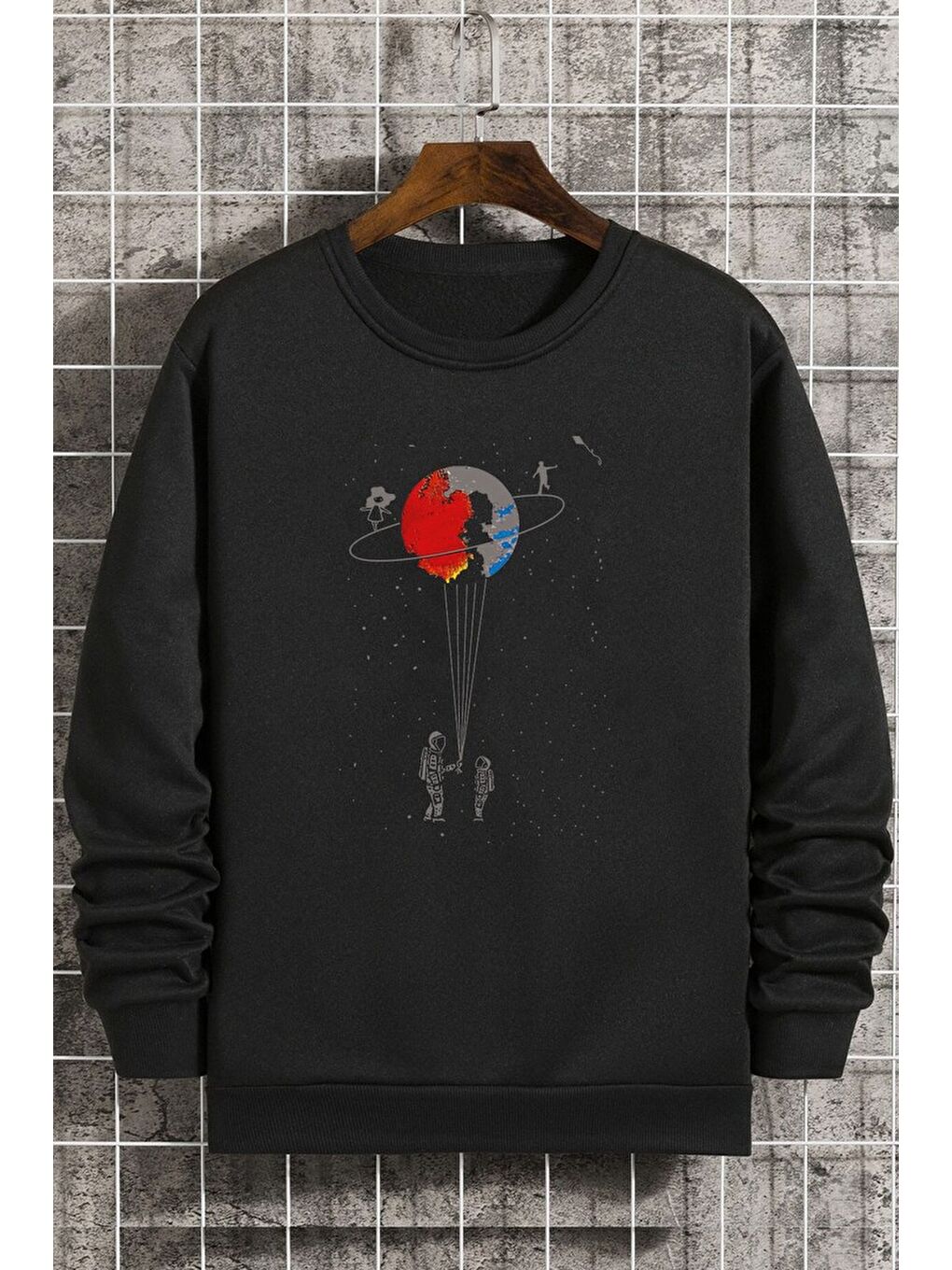 Siyah Unisex Evren Temalı Bisiklet Yaka %100 Pamuk Sweatshirt