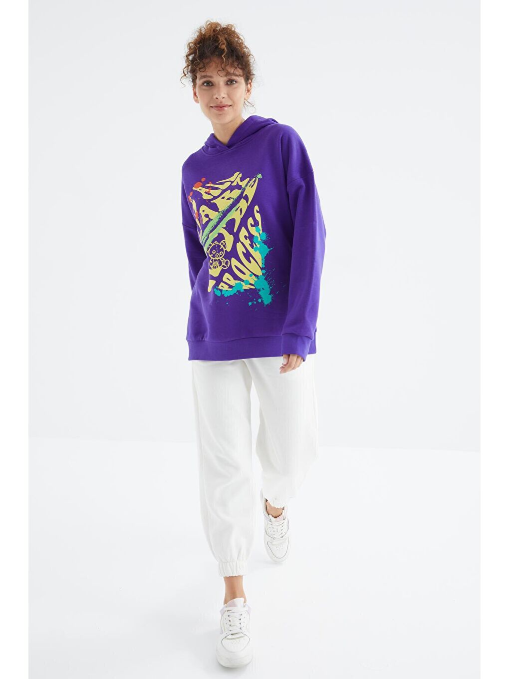 Koyu Mor Ön Baskılı Kapüşonlu Kadın Oversize Kadın Sweatshirt - 97248-1
