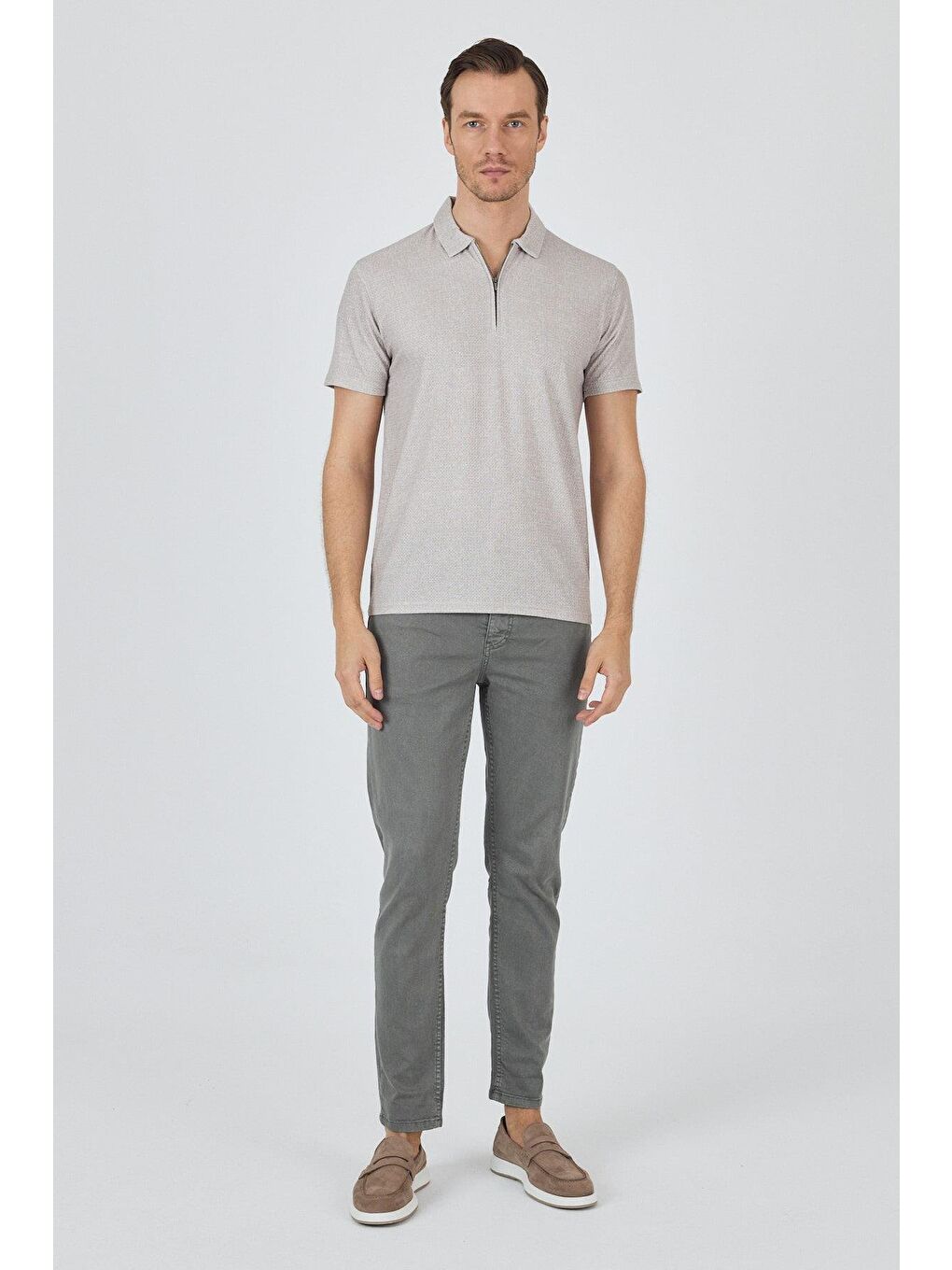 Bej Polo Yaka Kısa Kol Cepsiz Slim Fit Classic Tişört 1011250176-1