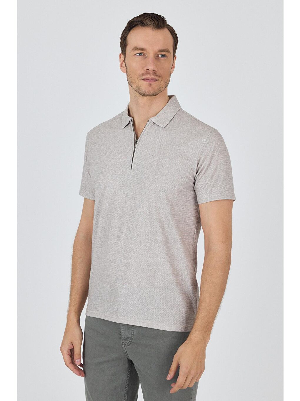 Bej Polo Yaka Kısa Kol Cepsiz Slim Fit Classic Tişört 1011250176-2