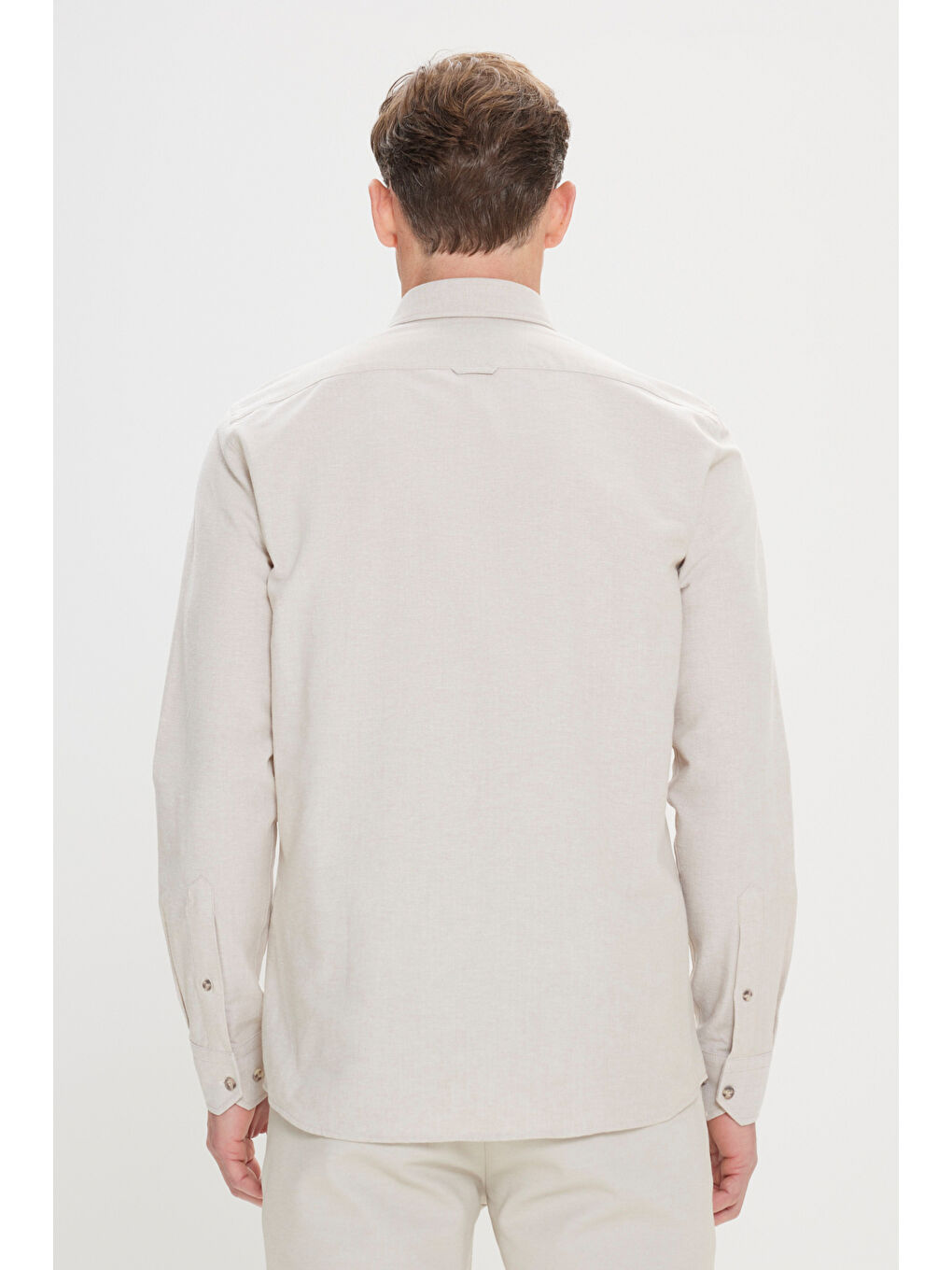 Erkek Bej Slim Fit Dar Kesim Düğmeli Yaka Pamuklu Oxford Gömlek-3