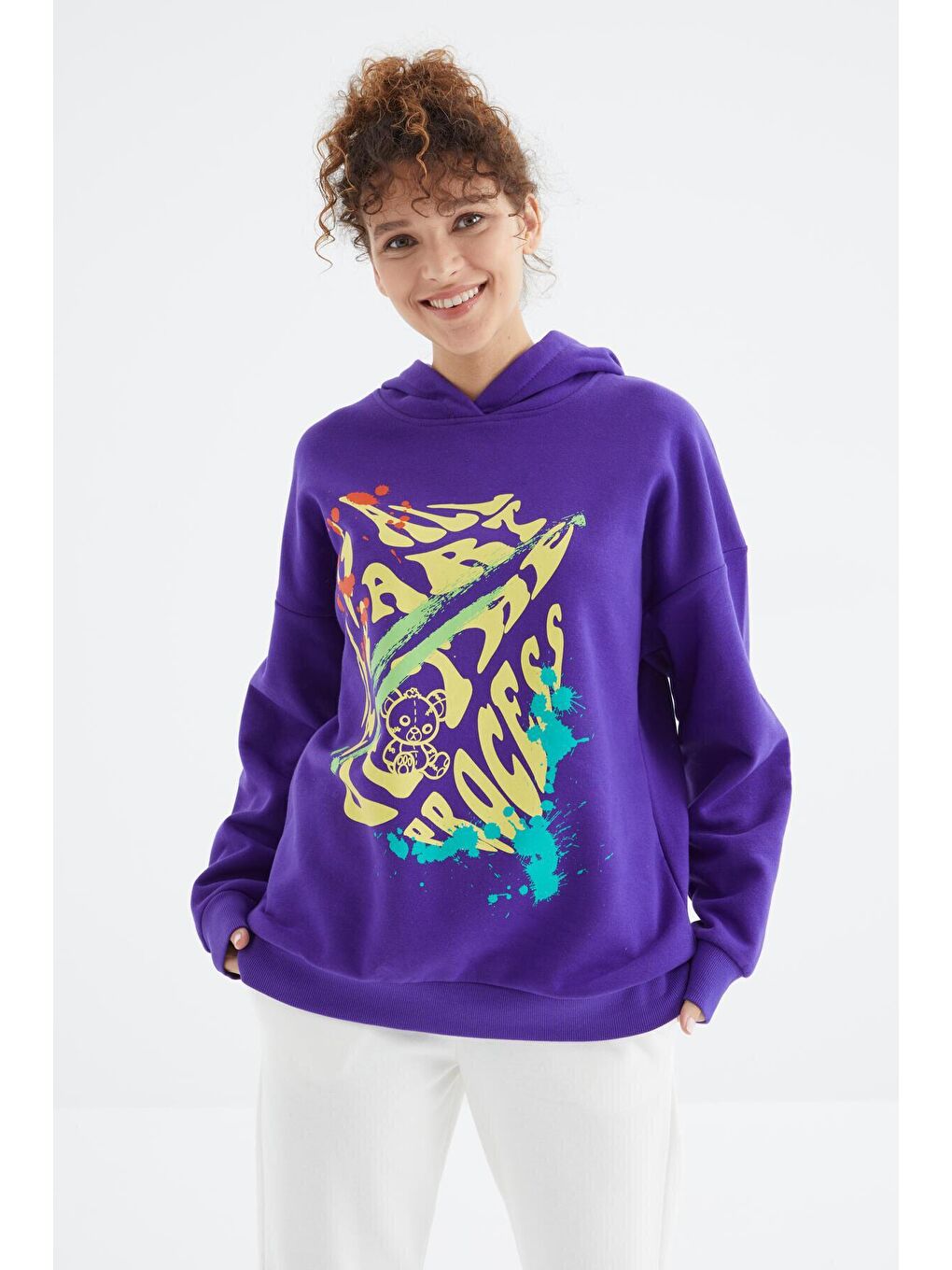 Koyu Mor Ön Baskılı Kapüşonlu Kadın Oversize Kadın Sweatshirt - 97248-2