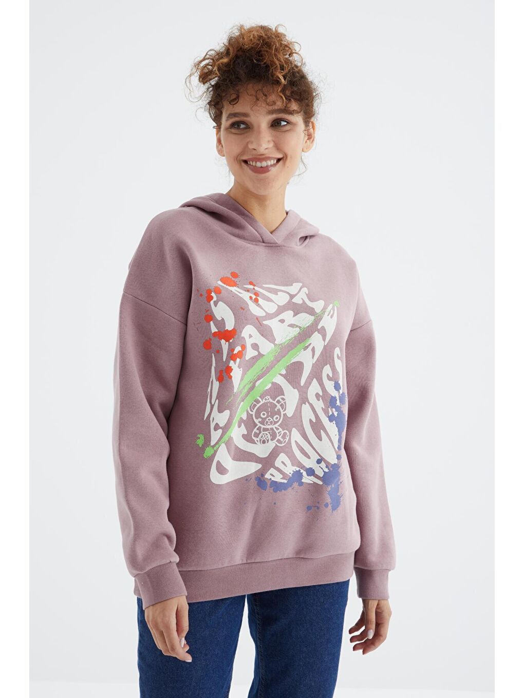 TOMMYLIFE Pembe Gül Kurusu Ön Baskılı Kapüşonlu Kadın Oversize Kadın Sweatshirt - 97248