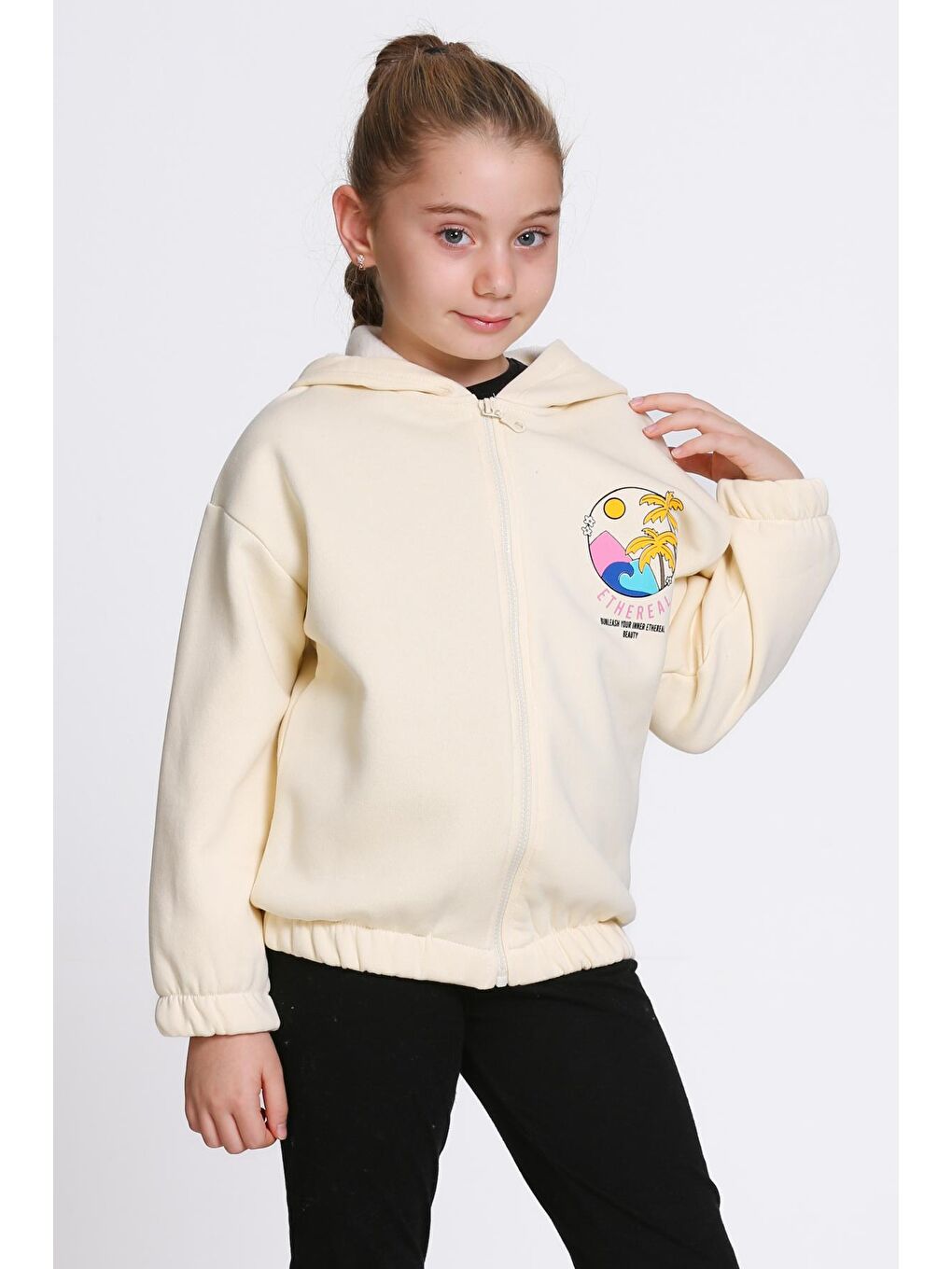 Ekru Kız Çocuk Krem Ethereal Baskı Fermuarlı Sweatshırt