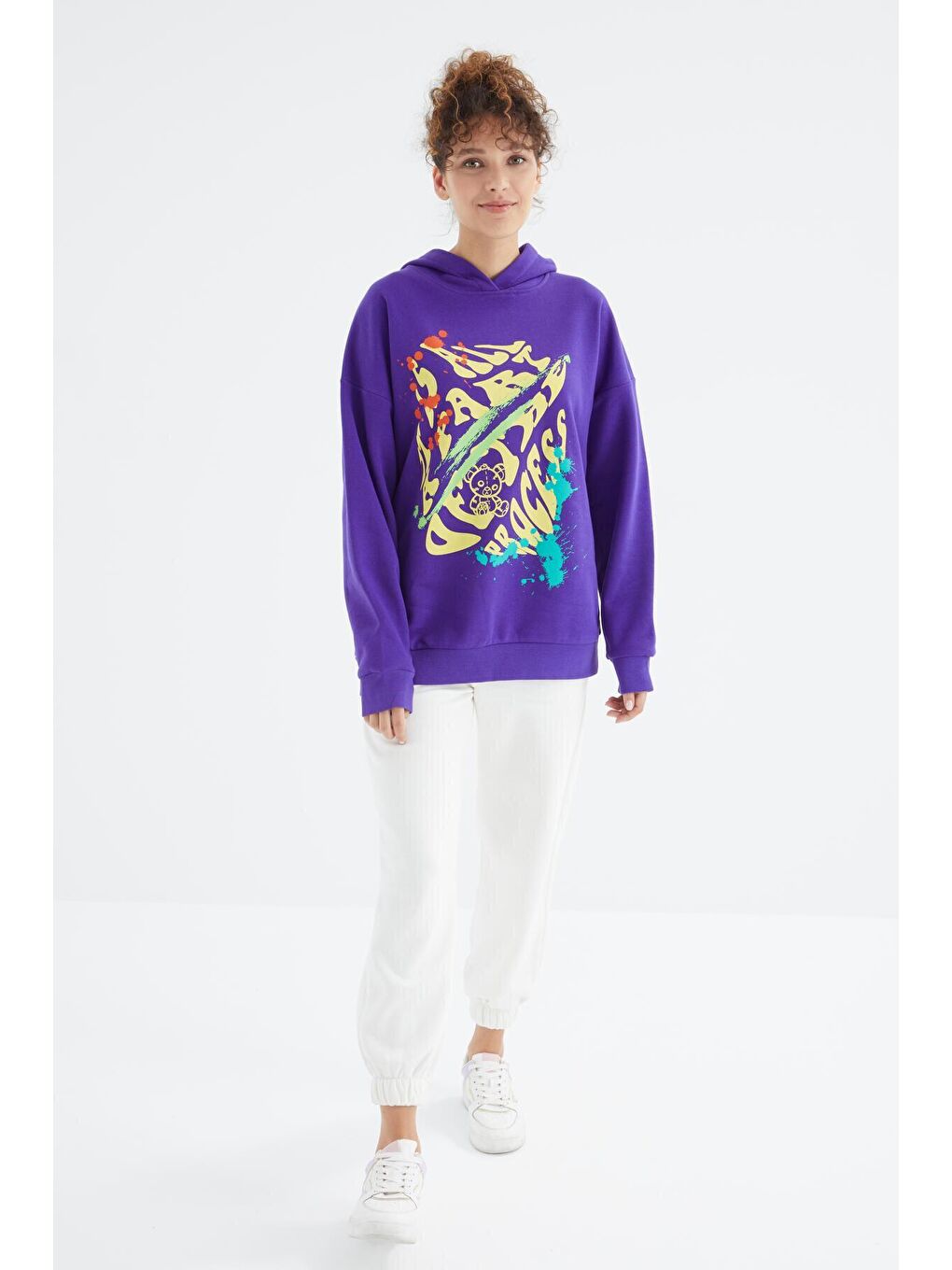 Koyu Mor Ön Baskılı Kapüşonlu Kadın Oversize Kadın Sweatshirt - 97248-3
