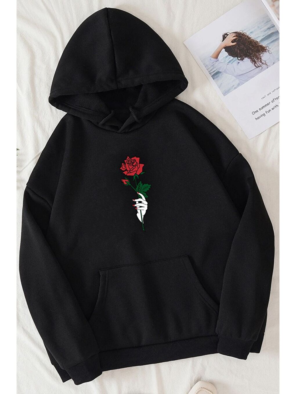 uyguntarz Siyah Unisex Rose Baskılı Sweatshirt