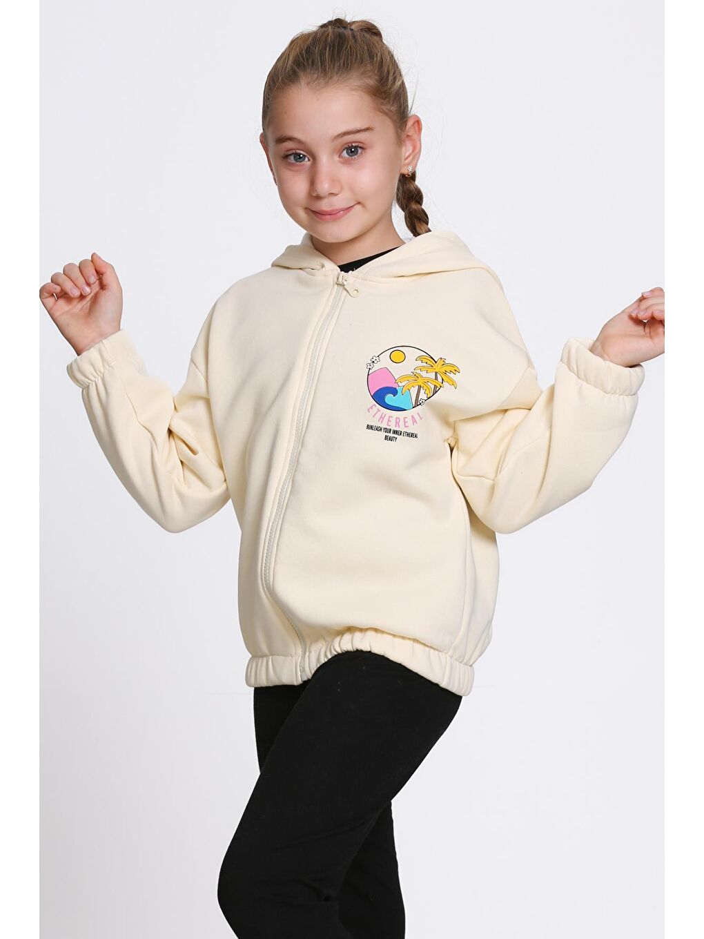 Ekru Kız Çocuk Krem Ethereal Baskı Fermuarlı Sweatshırt-2