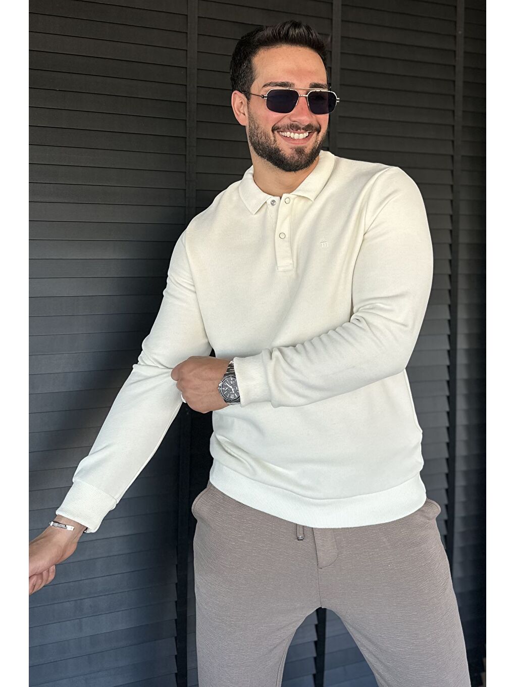 Ekru Erkek Polo Yaka Çıtçıt Detaylı Selanik Sweatshirt-1