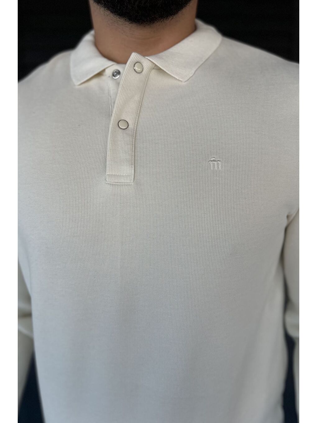 Ekru Erkek Polo Yaka Çıtçıt Detaylı Selanik Sweatshirt-2