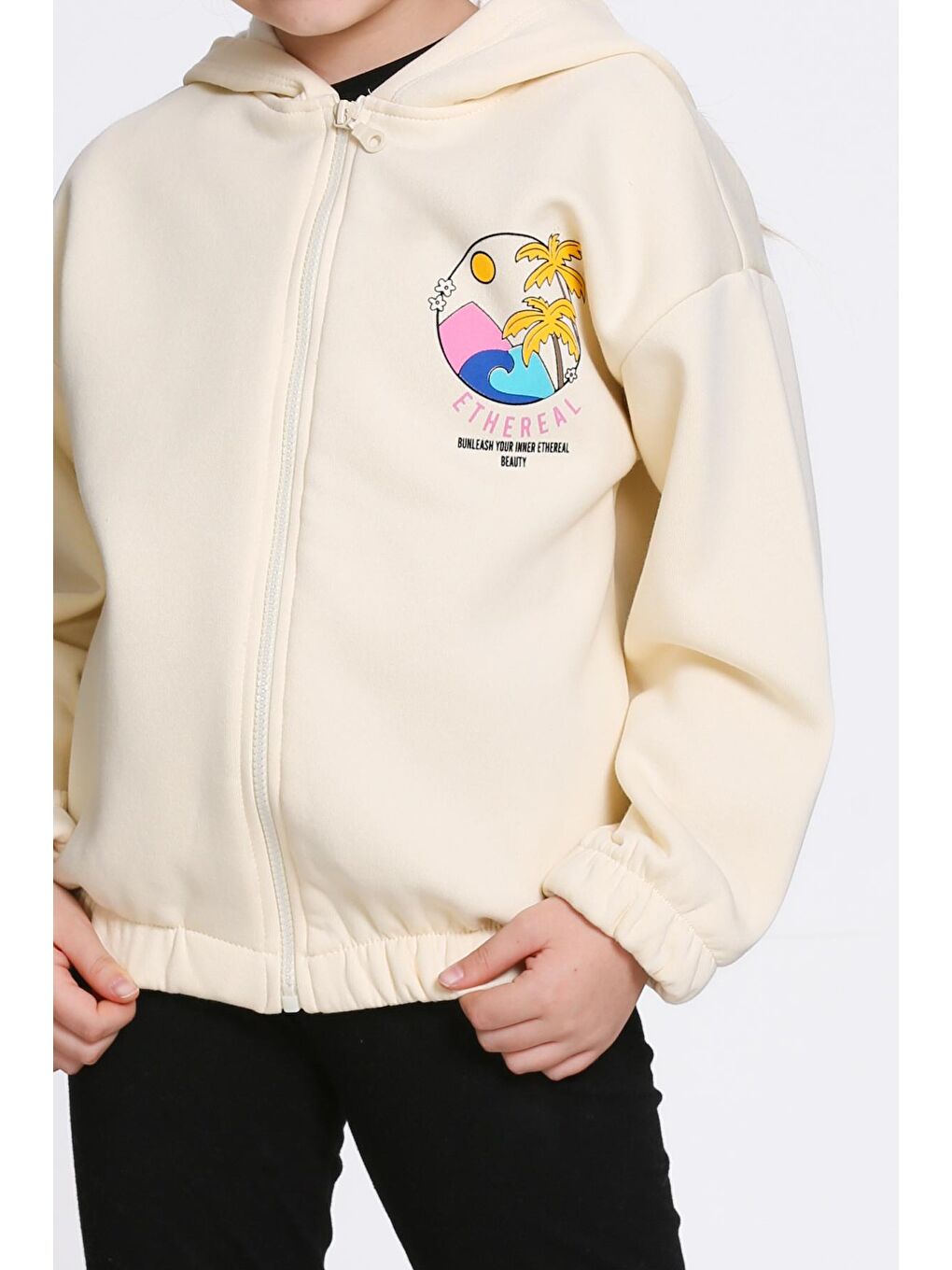 Ekru Kız Çocuk Krem Ethereal Baskı Fermuarlı Sweatshırt-3