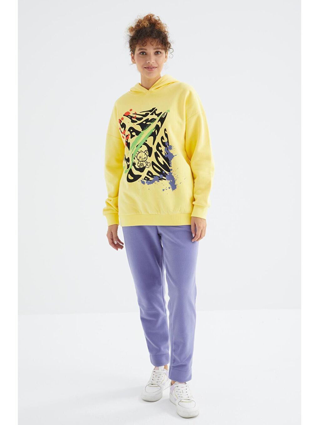 TOMMYLIFE Sarı Limon Ön Baskılı Kapüşonlu Kadın Oversize Kadın Sweatshirt - 97248 - 3