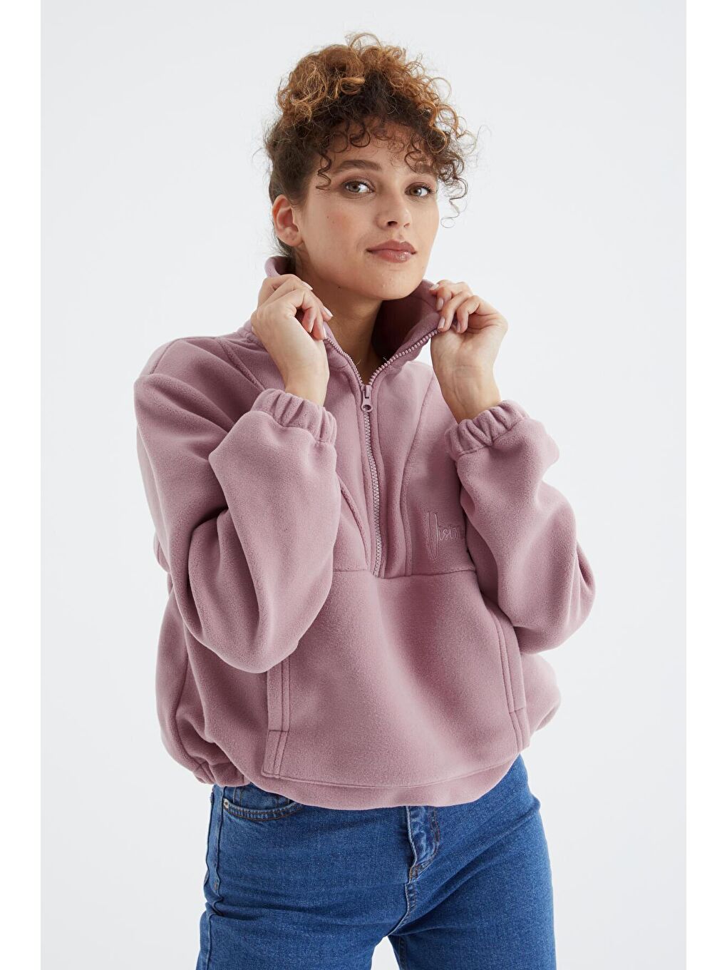 TOMMYLIFE Pembe Gül Kurusu Yarım Fermuar Etek Ucu Büzgülü Kadın Polar Oversize Sweatshirt - 97171