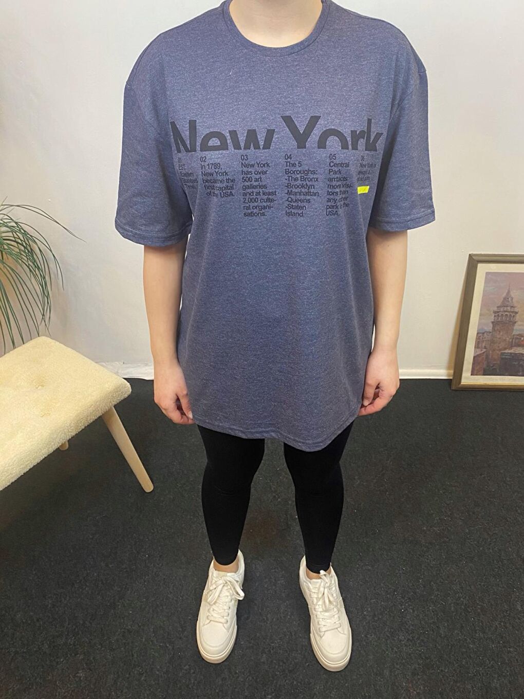 İndigo Kadın Bisiklet Yaka Oversize Kalıp New York Baskılı Tişort SPR24TSk112