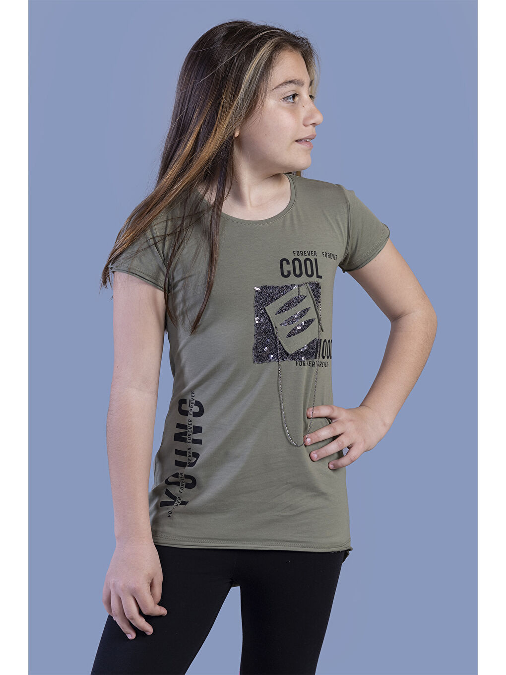 Toontoykids Haki Kız Çocuk T-Shirt Göğsü Lazer Kesim