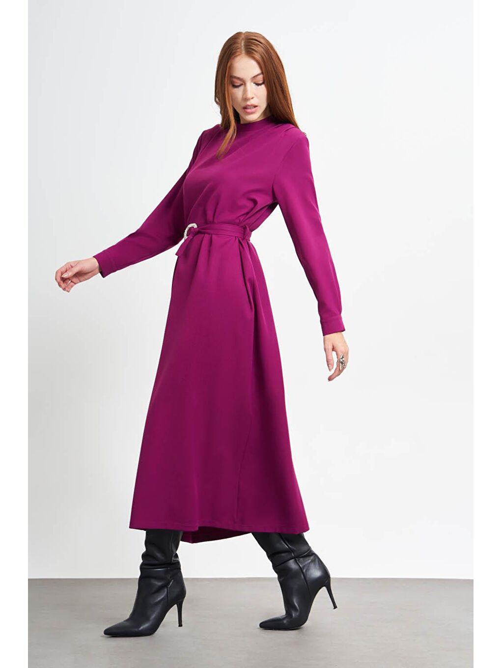 Pembe Taş Tokalı Gül Kurusu Elbise-1