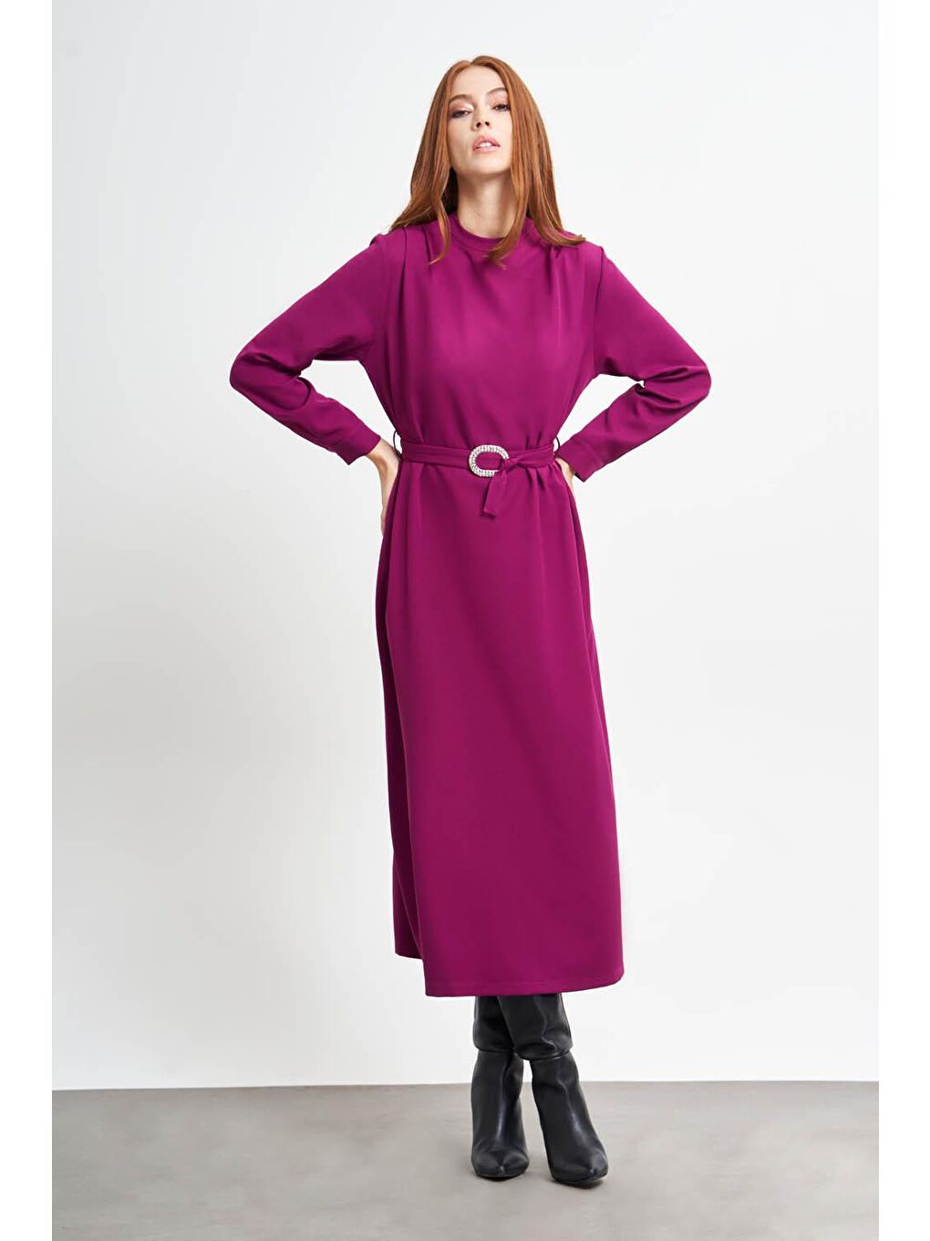 Pembe Taş Tokalı Gül Kurusu Elbise-2