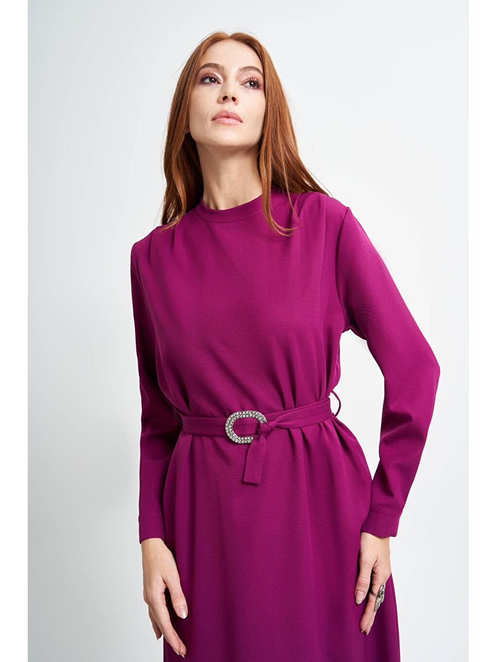 Pembe Taş Tokalı Gül Kurusu Elbise-3