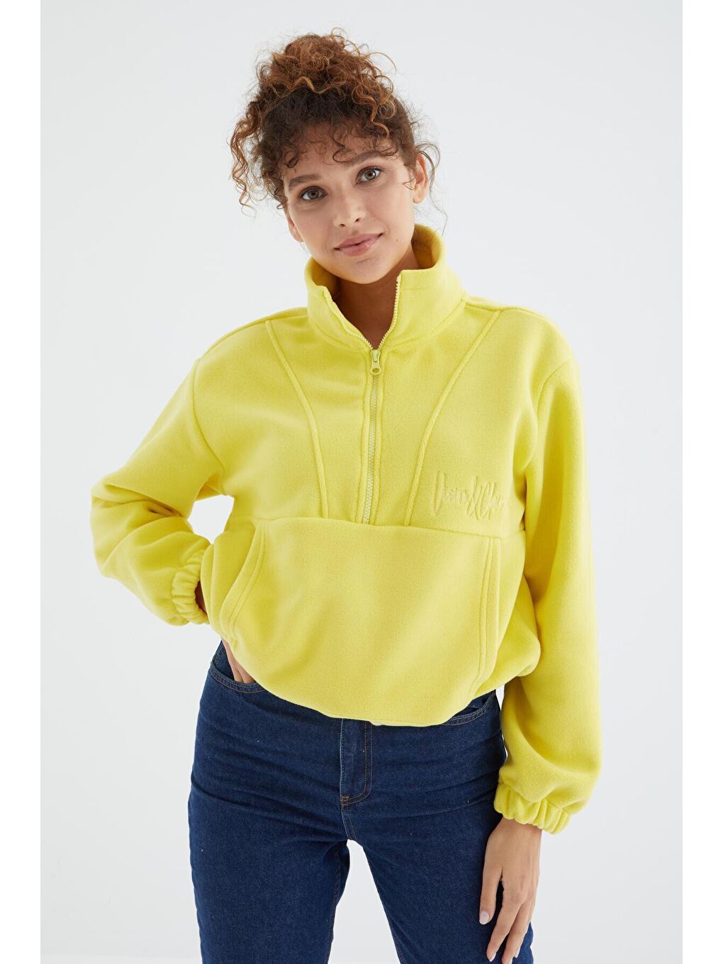 TOMMYLIFE Sarı Limon Yarım Fermuar Etek Ucu Büzgülü Kadın Polar Oversize Sweatshirt - 97171