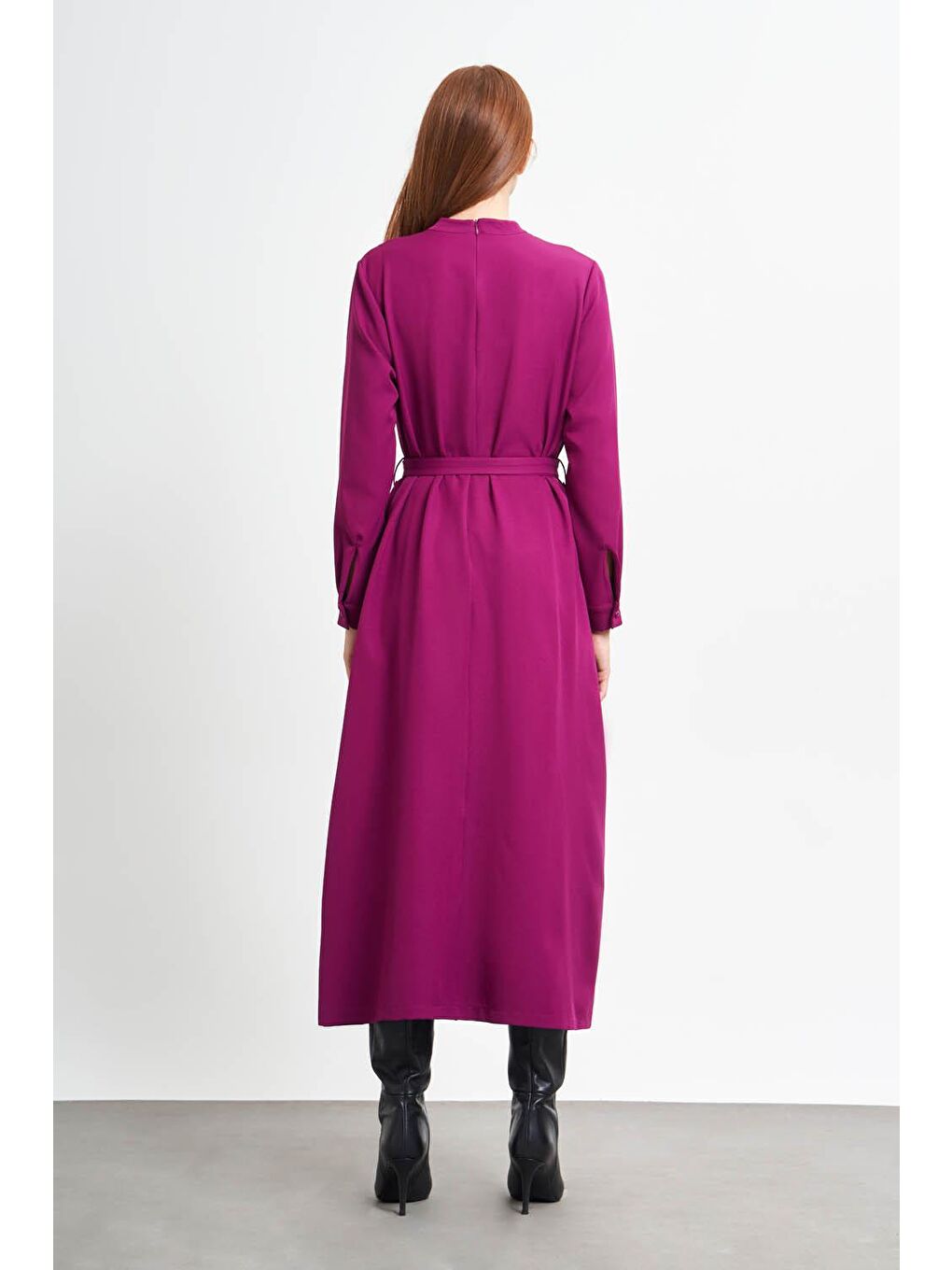 Pembe Taş Tokalı Gül Kurusu Elbise-4