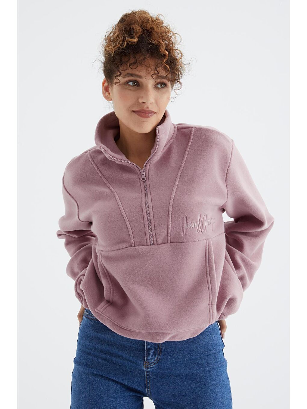 TOMMYLIFE Pembe Gül Kurusu Yarım Fermuar Etek Ucu Büzgülü Kadın Polar Oversize Sweatshirt - 97171 - 2