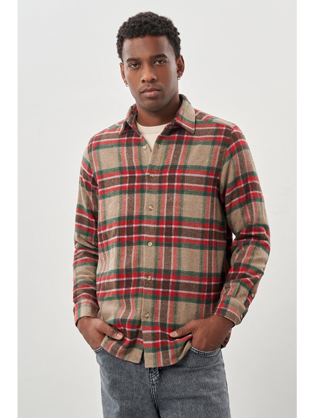 Mürdüm Yünlü Ekose Desen Yumuşak Yaka Cepsiz Uzun Kol Casual Comfort Fit Gömlek 1004245227