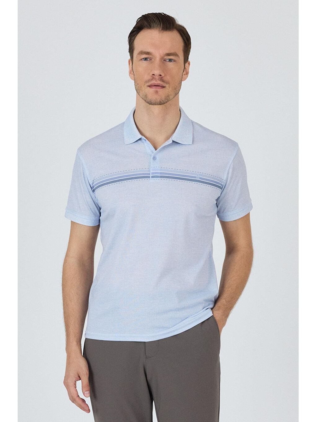 Mavi Kısa Kol Baskılı Pike Polo Yaka Cepsiz Slim Fit Tişört 1011250168-1