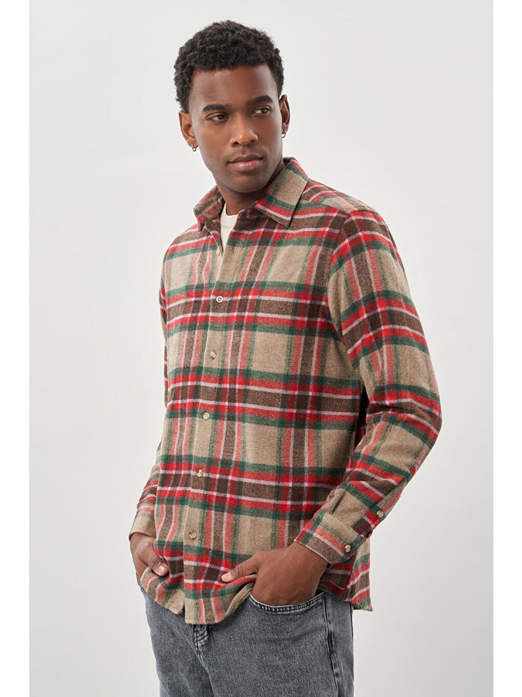 Mürdüm Yünlü Ekose Desen Yumuşak Yaka Cepsiz Uzun Kol Casual Comfort Fit Gömlek 1004245227-2