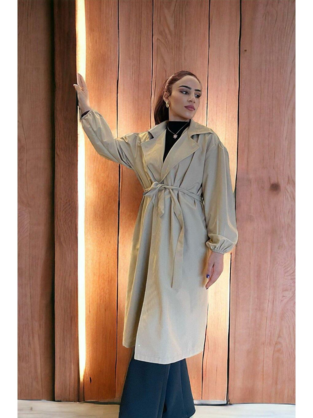 Bej Belden Bağlamalı Balon Kol TRENÇ-1