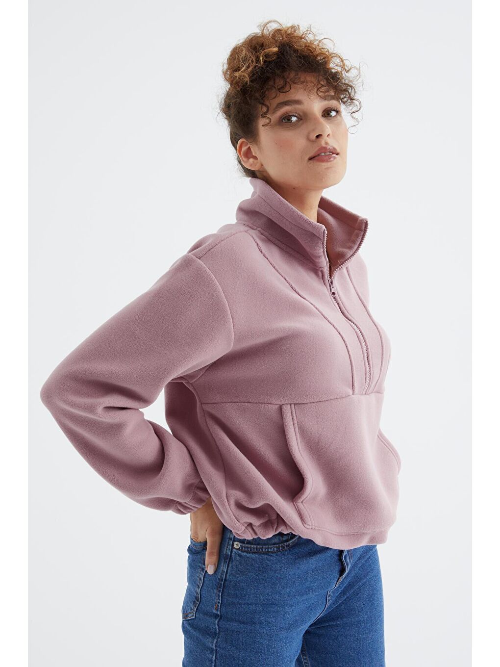 TOMMYLIFE Pembe Gül Kurusu Yarım Fermuar Etek Ucu Büzgülü Kadın Polar Oversize Sweatshirt - 97171 - 4