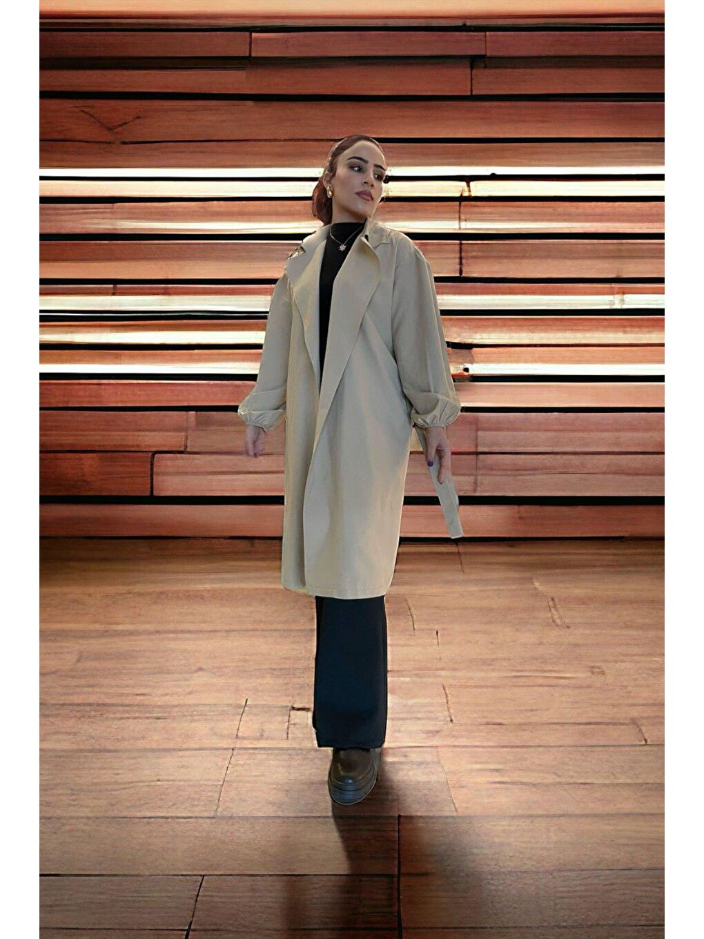 Bej Belden Bağlamalı Balon Kol TRENÇ-2